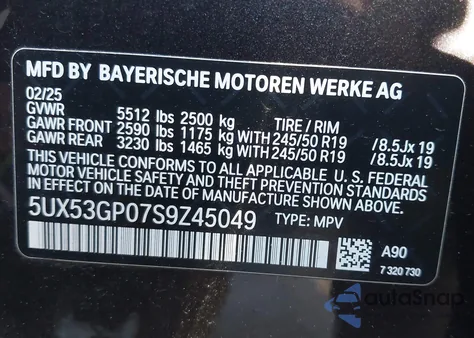 2025 BMW X3 30 xDrive из США, поврежденный, VIN 5UX53GP07S9Z45049